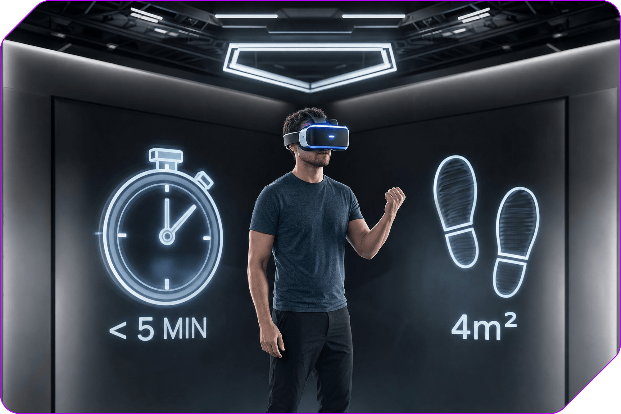 Joueur casqué dans un espace de 4 m², sessions de moins de 5 minutes