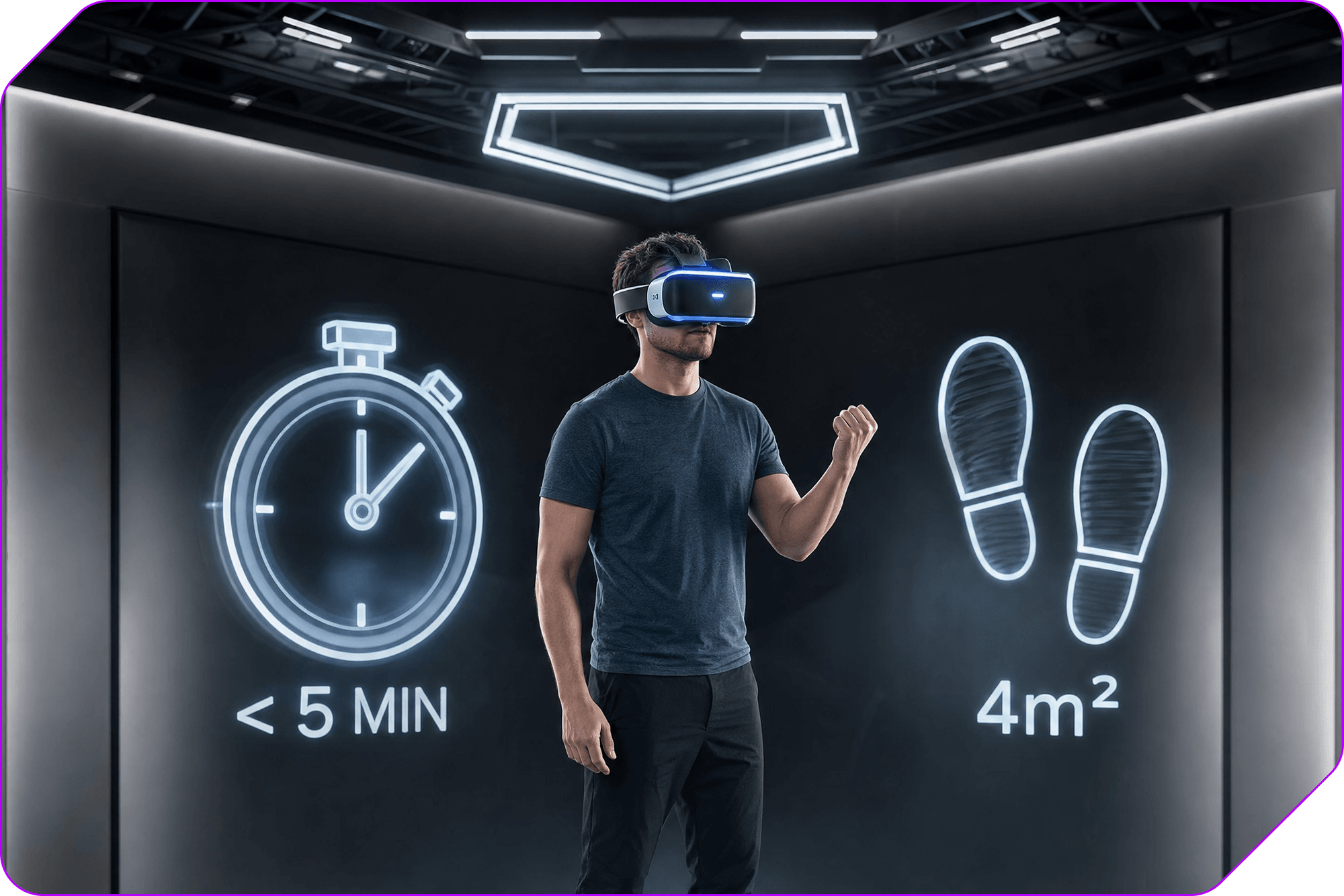Joueur casqué dans un espace de 4 m², sessions de moins de 5 minutes